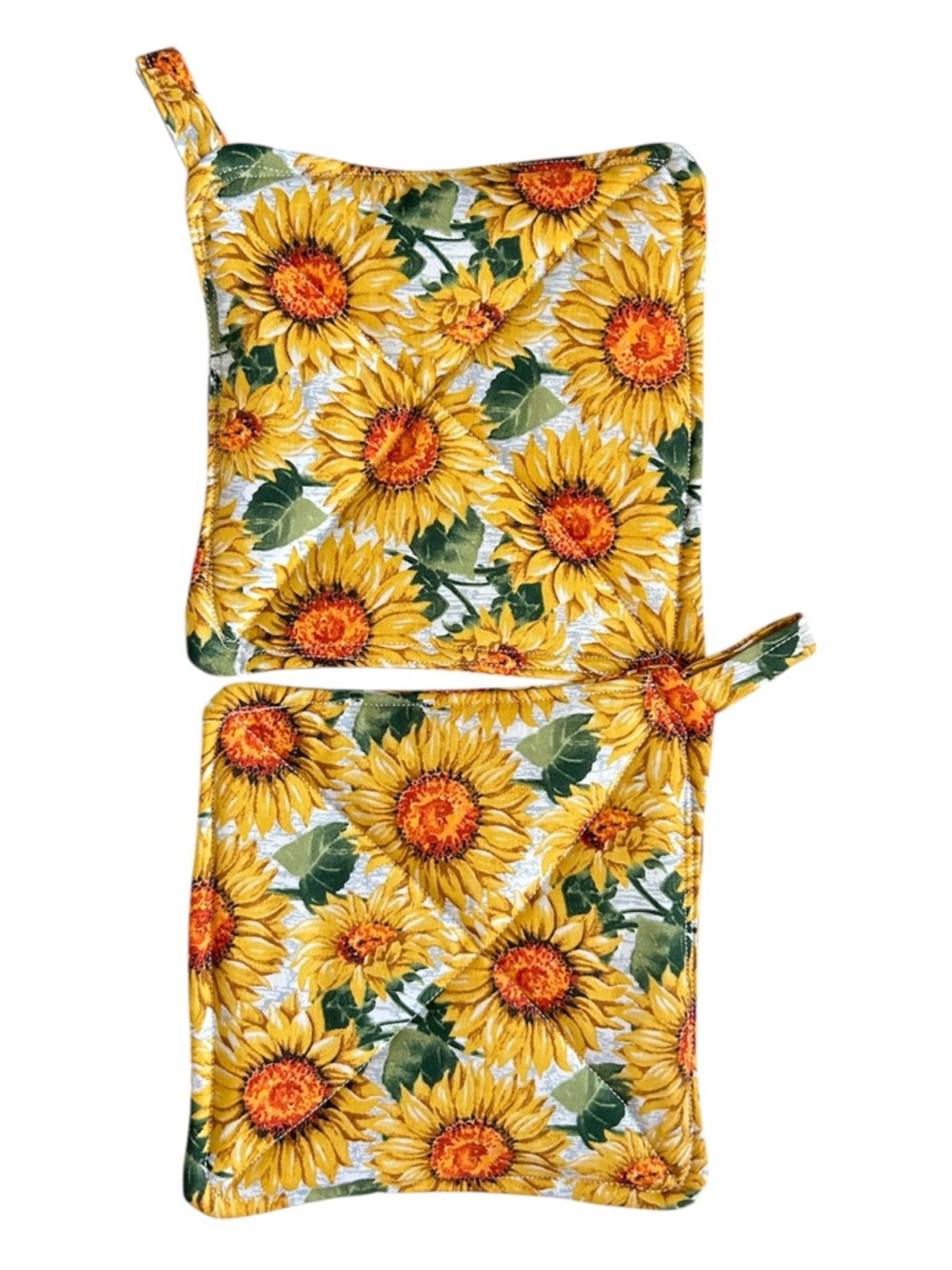Hand Crafted Colorful Floral Sunflowers Two Fabric Potholders Hot Mat Trivet